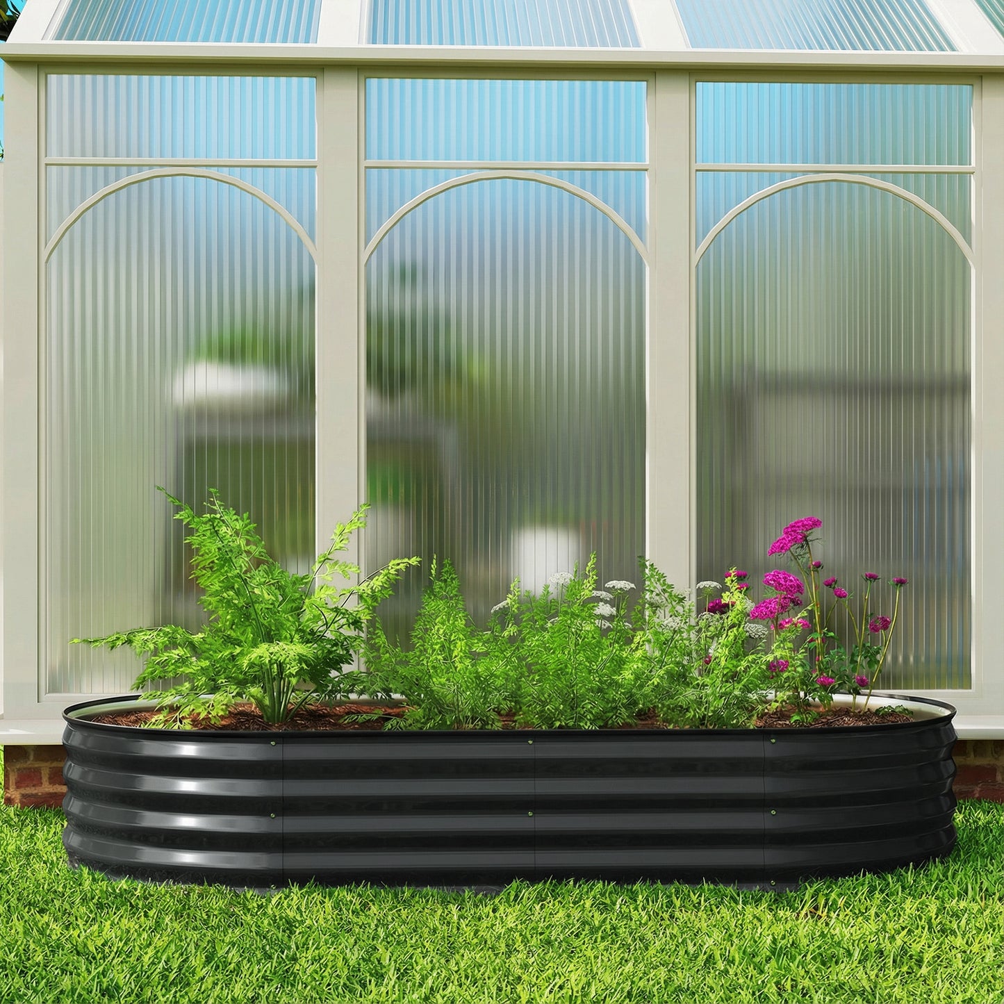 Flexible Galvanised Steel Raised Garden Bed | Safety Rubber Edging | Open Bottom | Configurable Round Oval or Oblong | 180x90x30cm | For Flowers Herbs & Succulents | Dark Grey