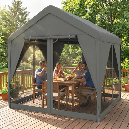3x3m Garden Gazebo | Dual-Layer Sidewalls | Mesh Netting & Curtains | UV30+ PVC-Coated Apex Roof | 2 Roll-Up Doors & 2 Side Doors | Galvanised Steel Frame | Seats 6-9 | 295x300x278cm | Dark Grey