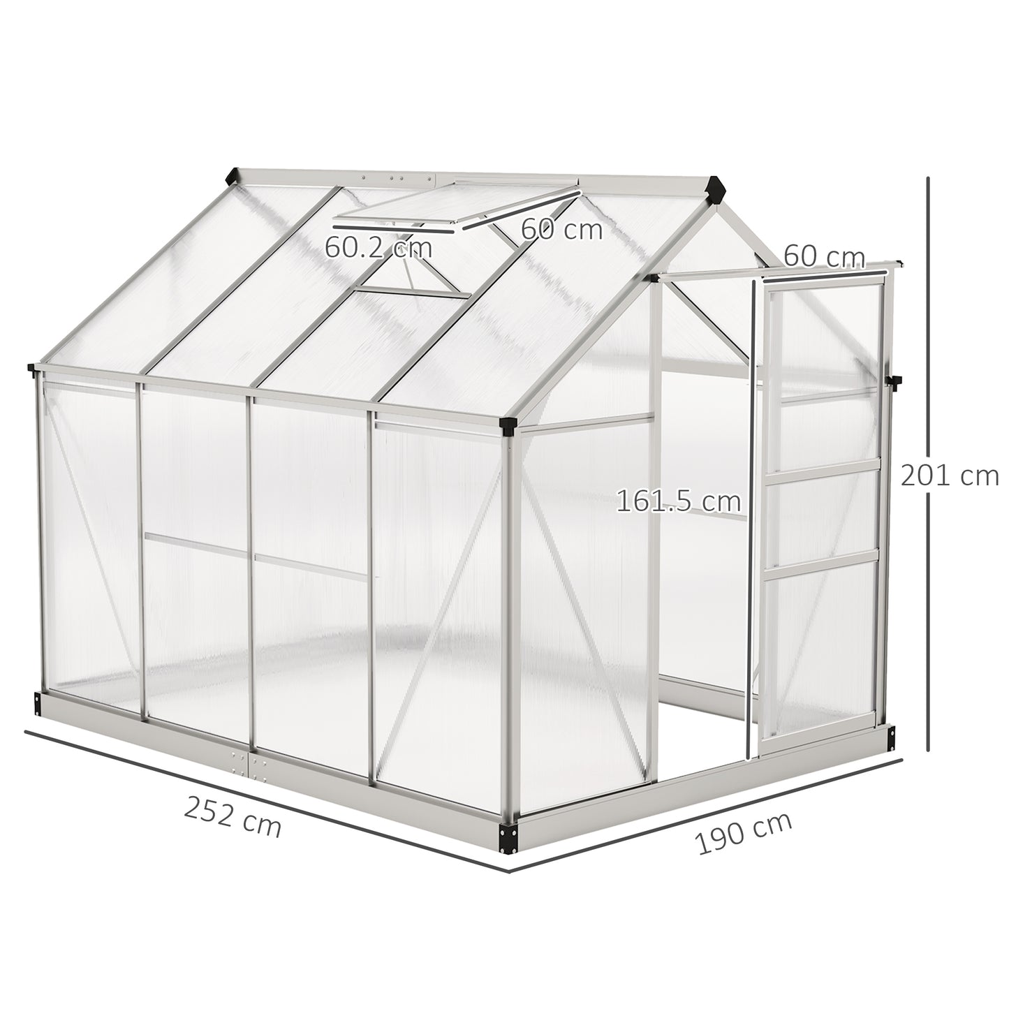 Walk-In Polycarbonate Greenhouse | 6x8ft | Aluminium Frame | Sliding Door | Roof Vent | 40kg/m² Snow Load | Silver