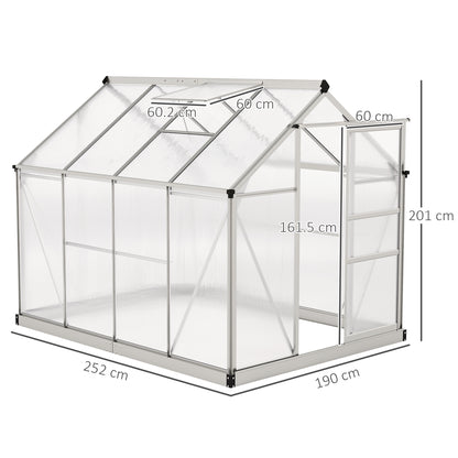 Walk-In Polycarbonate Greenhouse | 6x8ft | Aluminium Frame | Sliding Door | Roof Vent | 40kg/m² Snow Load | Silver