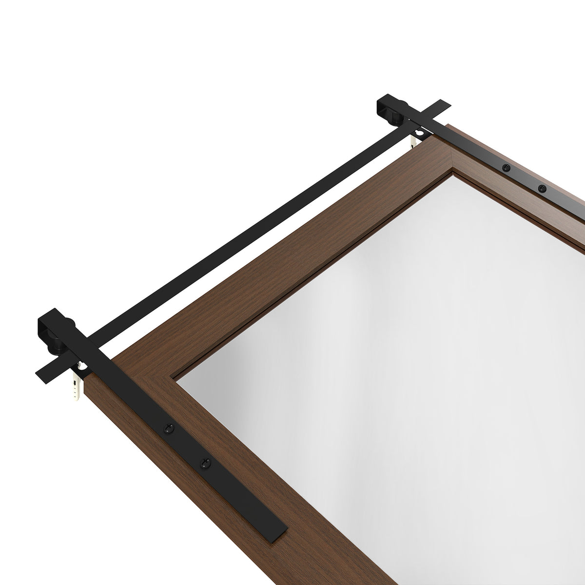 Farmhouse Wall Mirror | 86.5H x 61W cm | Rectangular Tempered Glass & Decorative Barn-Door Detail | Dark Brown / White Oak