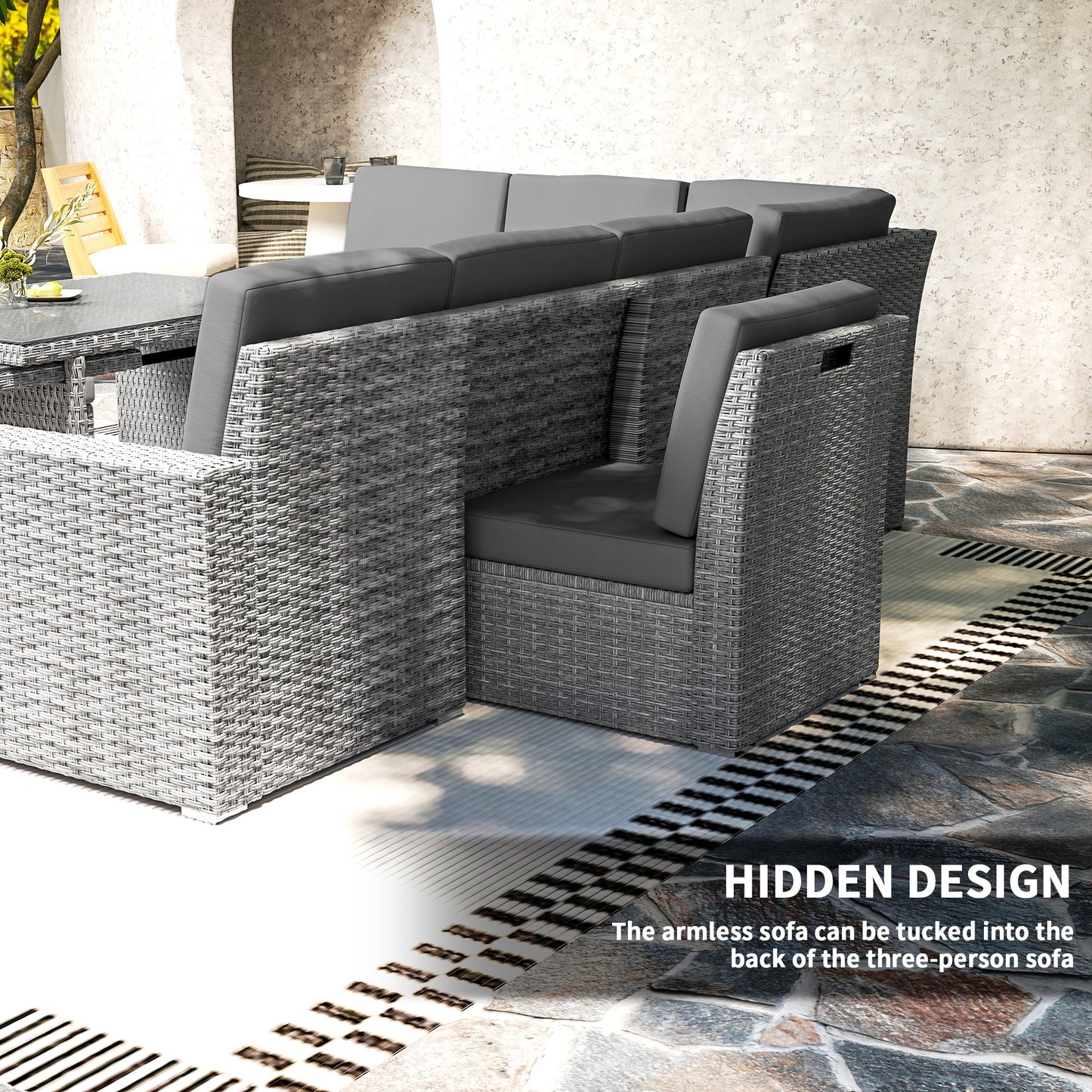 7 Piece Rattan Garden Sofa Set Seats 10 | Corner Sofa | 3 Seater Sofa | 2 Armless Chairs | Expanding Dining Table | 5mm Tempered Glass | PE Rattan & Steel Frame | Washable Cushions | Light Grey