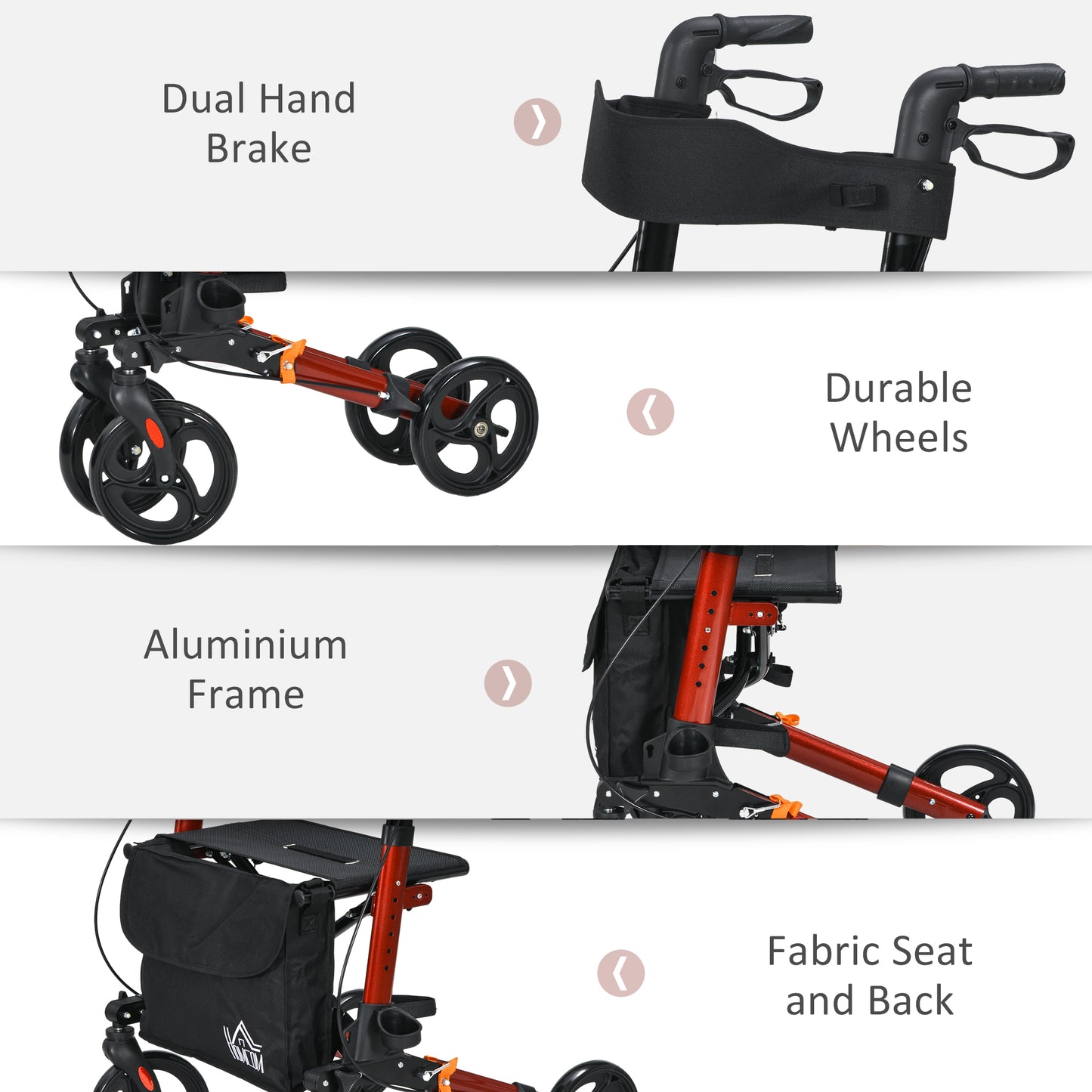 4 Wheel Rollator With Seat and Back, Folding, Adjustable Height, Dual Brakes, Cane Holder, Lightweight Aluminium Frame - Red