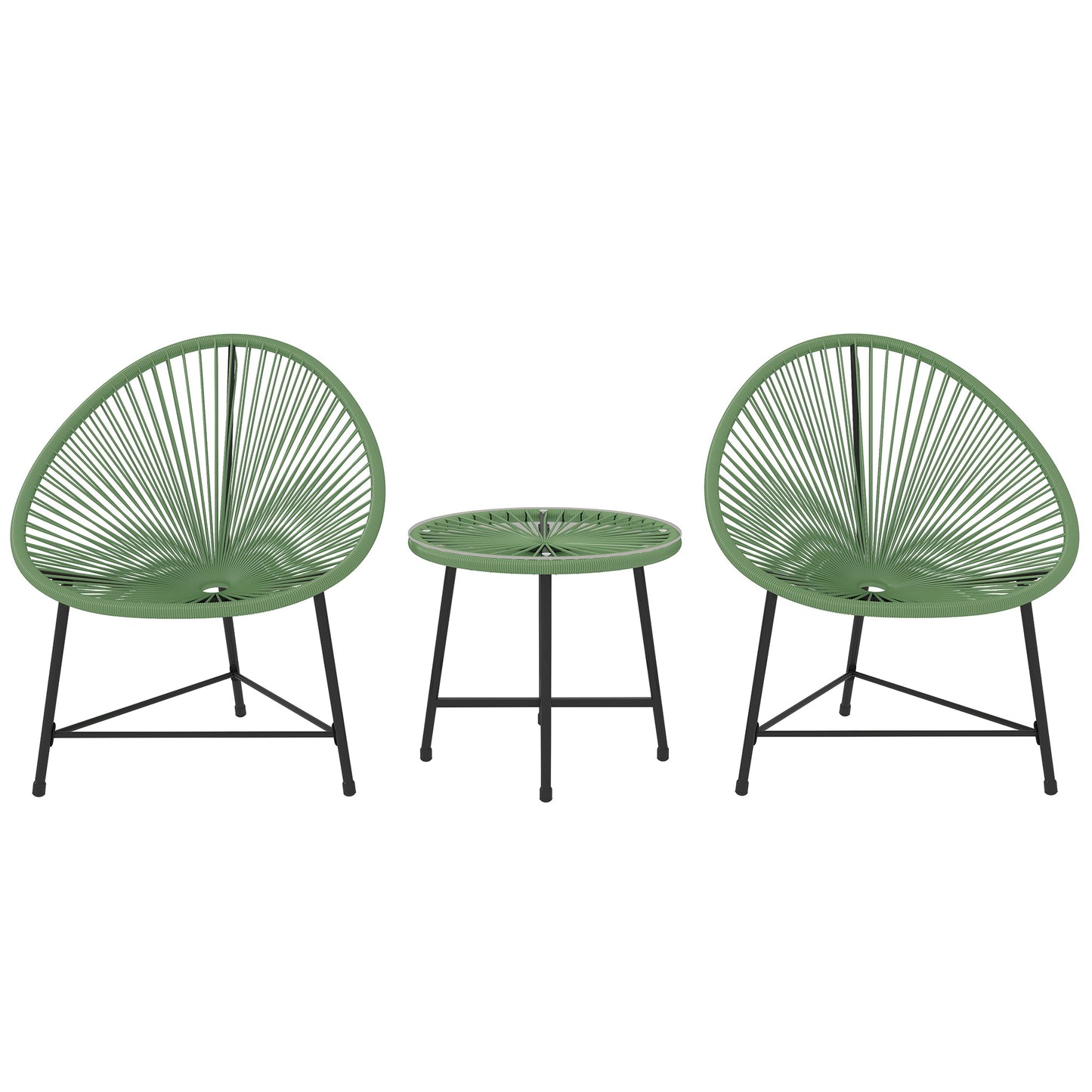3 Piece Acapulco Style Rattan Bistro Set | 2 Oval Chairs | Tempered Glass Coffee Table | PE Rattan | Powder Coated Steel | 120kg | Green