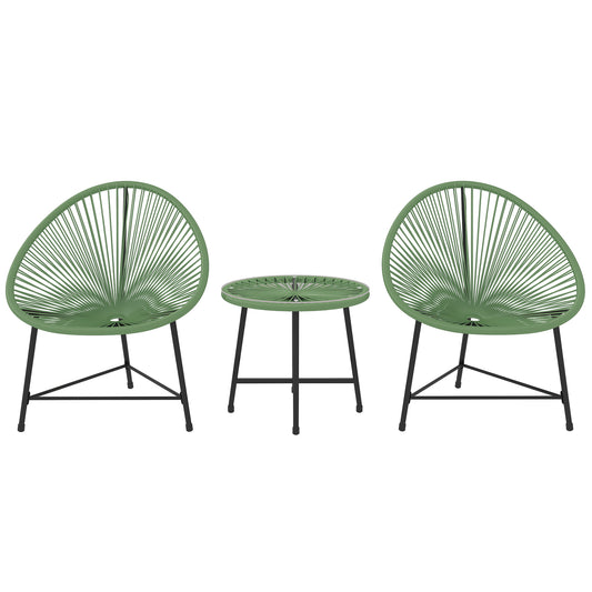 3 Piece Acapulco Style Rattan Bistro Set | 2 Oval Chairs | Tempered Glass Coffee Table | PE Rattan | Powder Coated Steel | 120kg | Green