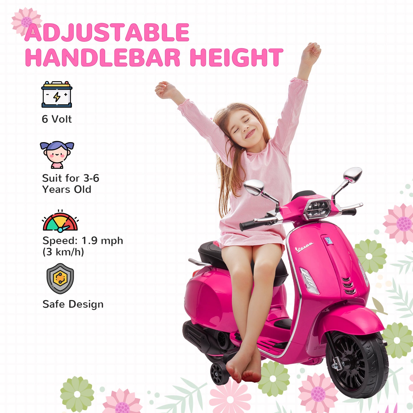 AIYAPLAY 12V Vespa Licensed Kids Electric Motorbike w/ Music, Headlights, FM Radio, for 3-6 Years