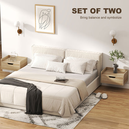 Set of 2 Floating Wall-Mounted Bedside Tables | Drawer | Flat Top | 10kg | 40x30x19.5cm | Natural Wood Finish