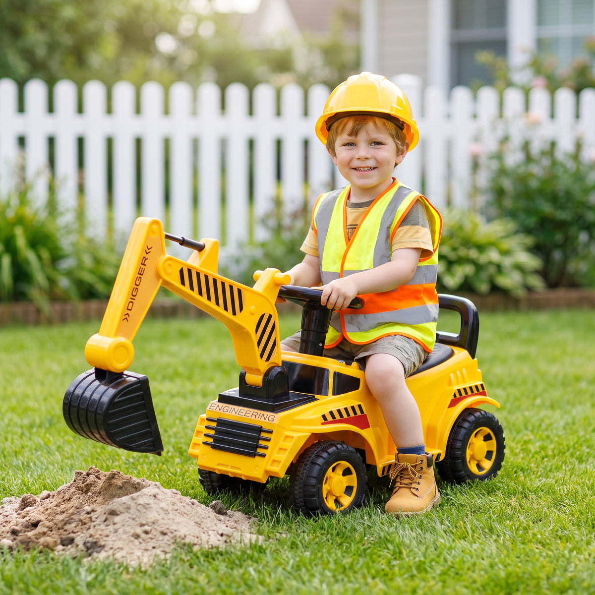 AIYAPLAY Kids Ride-On Digger | Foot-Powered Excavator | Detachable Digging Arm & Bucket | Horn & Helmet | Yellow & Black | Ages 1–4