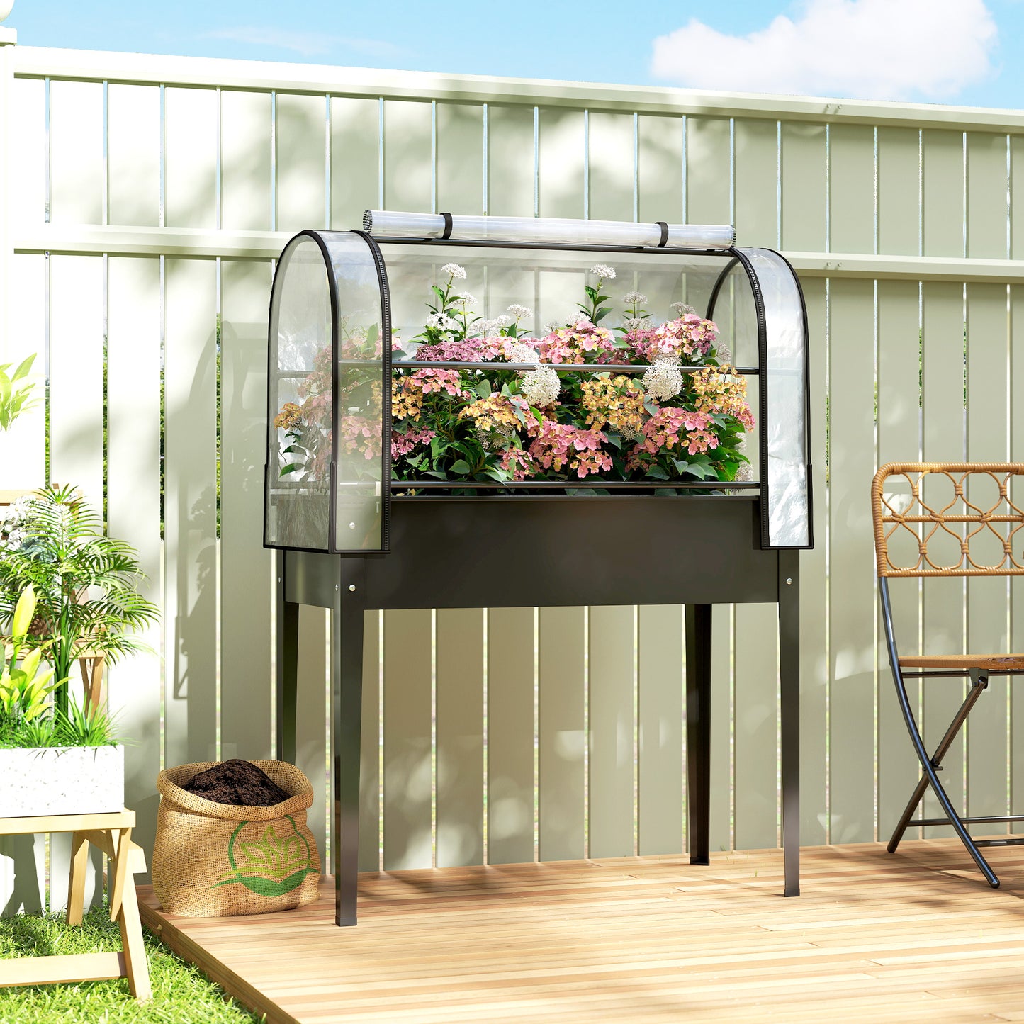 Raised Garden Bed on Legs with Flip-Up Greenhouse Cover | Transparent | Zipped Roll-Up Door | Removable Cover | 0.6mm Metal | Drainage Hole | 80kg | 100x49x136cm | Black