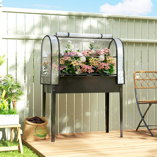 Raised Garden Bed on Legs with Flip-Up Greenhouse Cover | Transparent | Zipped Roll-Up Door | Removable Cover | 0.6mm Metal | Drainage Hole | 80kg | 100x49x136cm | Black