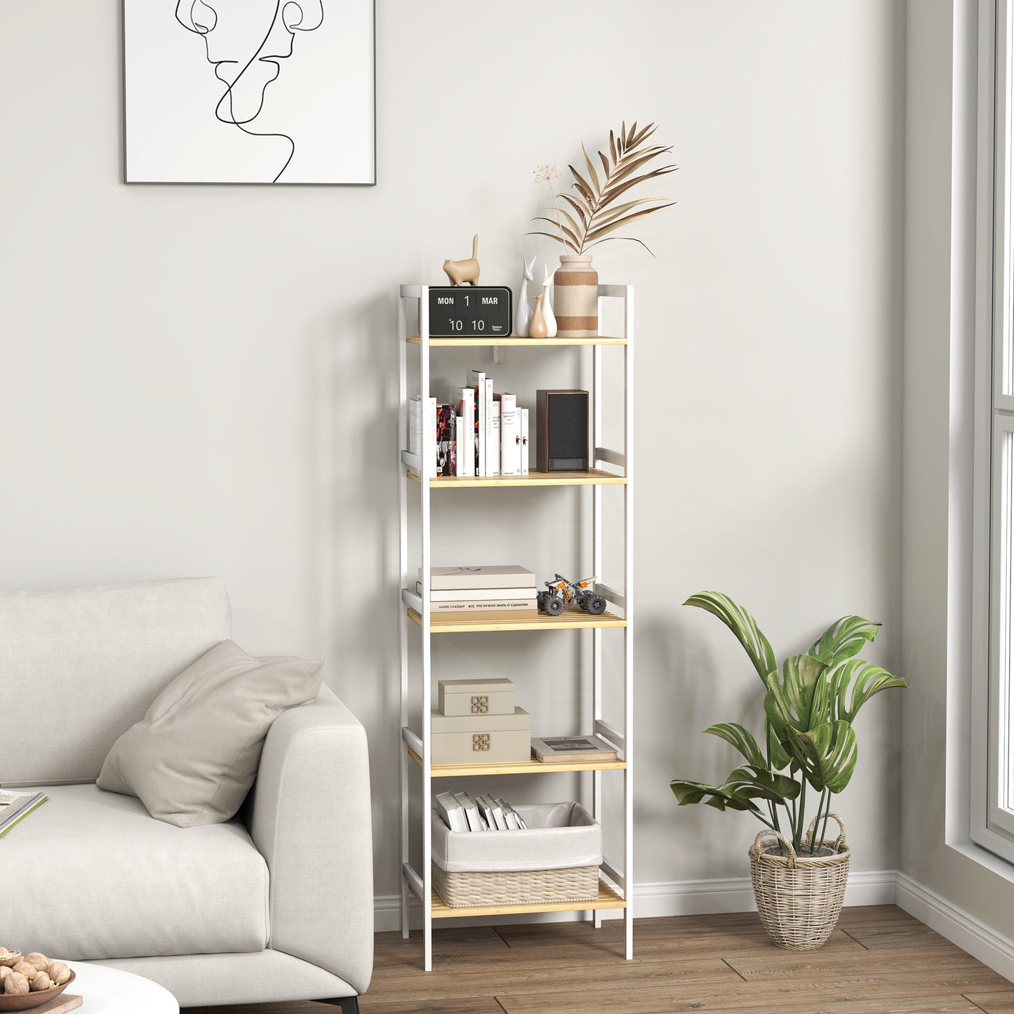 Five-Tier Bamboo Adjustable Shelf Storage Unit