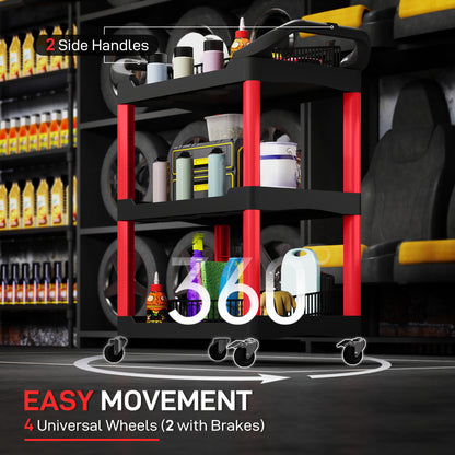 3-Tier Rolling Tool Cart, Tool Trolley on Wheels, Plastic Mobile Service Utility Cart W/ Handles for Garage, Mechanics and Warehouse, 91kg Capacity