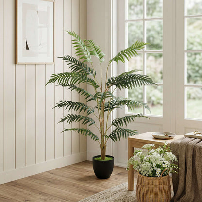 Artificial Fern Tree | 120cm | 20 PEVA Fronds | Soft-Touch | Shapeable Stems | Cement Pot | Soil Effect | No Maintenance | Green