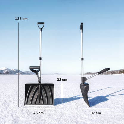 Heavy-Duty Snow Shovel with Assist Handle | Metal-Edged 45x33cm Blade | Dual D-Ring Grip | Detachable Oxidised Aluminium Handle | 45x37x135cm | Paved Surfaces & Light Snow | Black