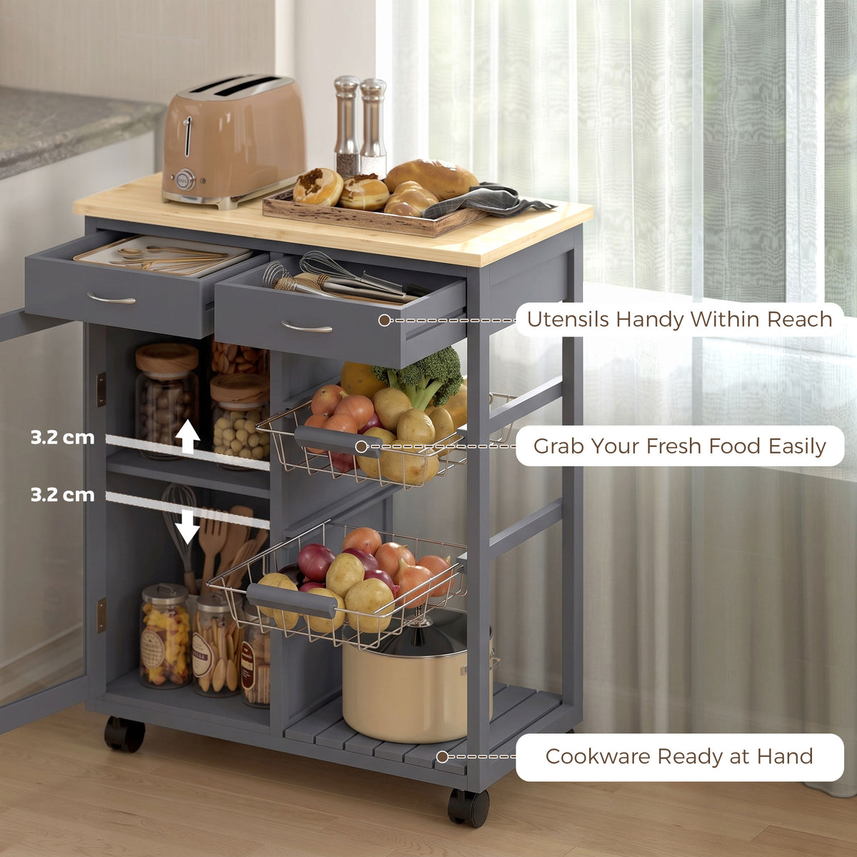 Rolling Kitchen Island Trolley | Bamboo Worktop | Glass Door Cabinet | 2 Wire Baskets | 2 Drawers | Adjustable Shelf | 4 Wheels | 67x35x80cm | Grey