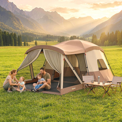 4-Person Cabin Camping Tent | 2 Rooms | 220cm Standing Height | 4 Skylights | 3000mm Waterproof | Sets Up in 5-15 Mins | 530 x 380 x 220cm | Brown & Khaki