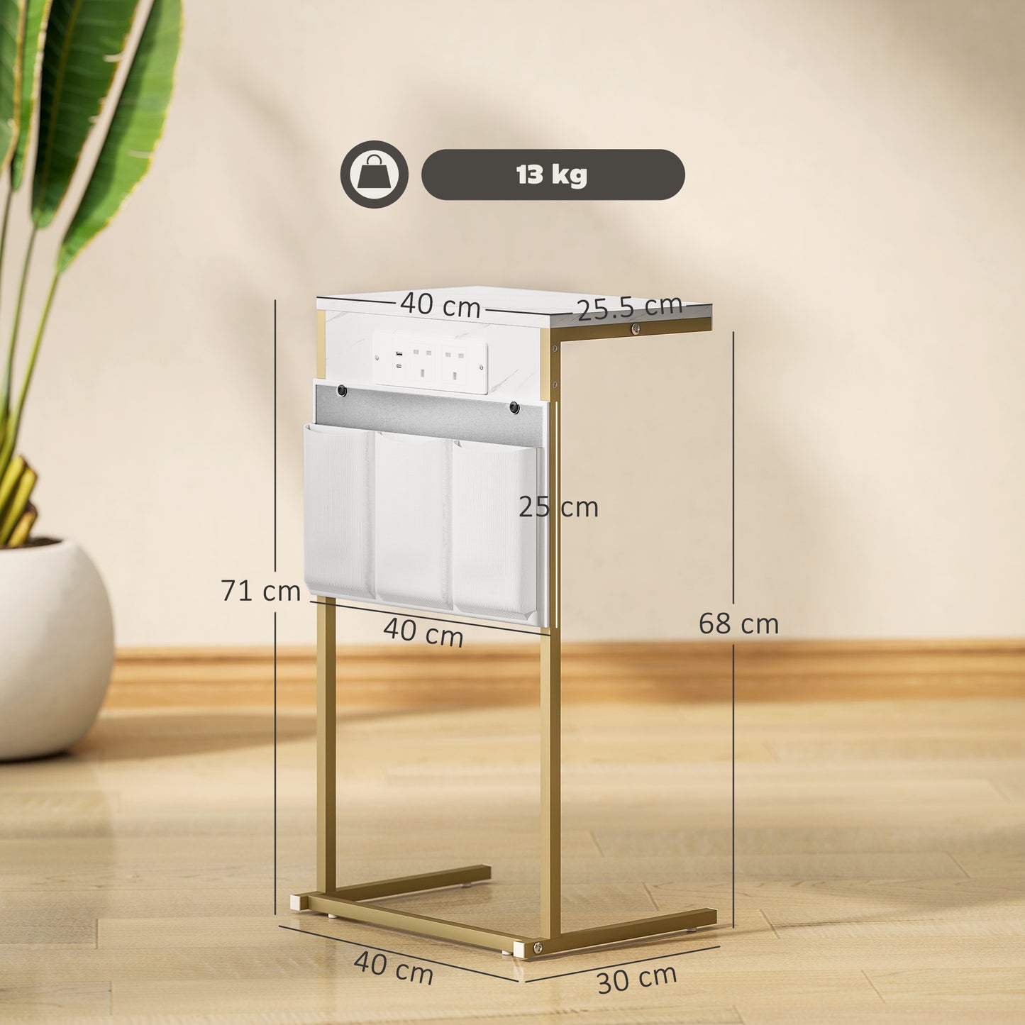 C-Shaped Bedside Table with Charging Station, Marble Grain Side Table with Power Outlets & USB Ports, Storage Bags, White