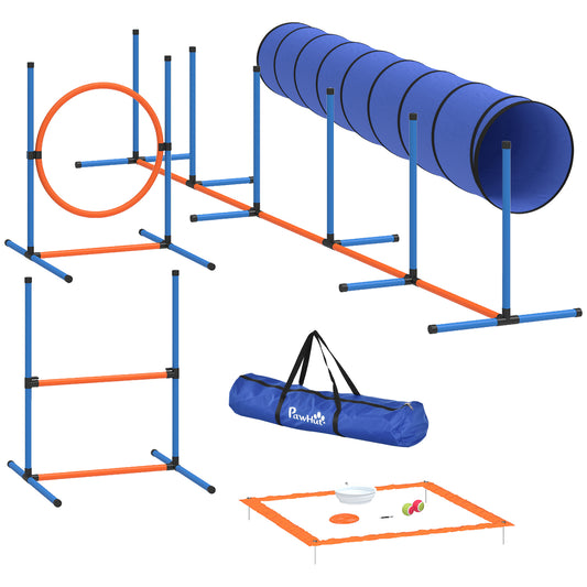 PawHut Dog Agility Equipment, 8PCS Agility Training Set with Tunnel, Weave Poles, Adjustable Hurdles, Jump Ring