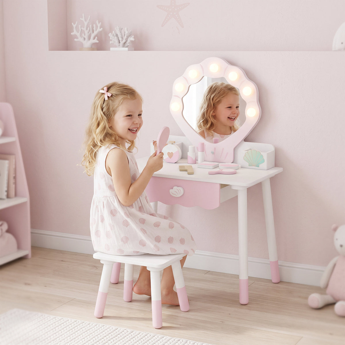 Kids Vanity Set | Dressing Table & Chair | Lighted Acrylic Mirror | 7 Accessories | 2 Storage Compartments | Ages 3–8 | Pink