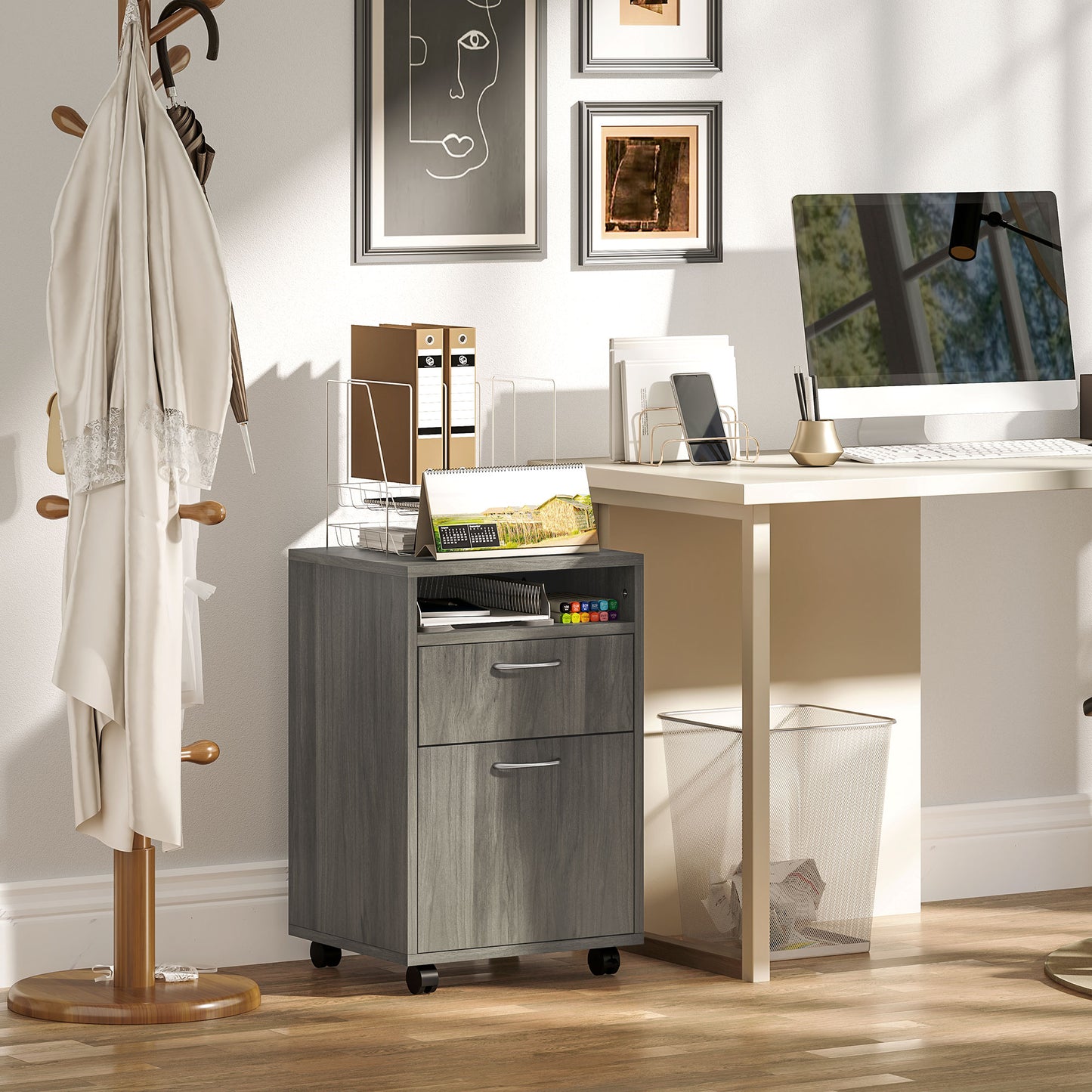 60cm Filing Cabinet with Drawer, Open Shelf, Metal Handles and 4 Wheels, Office Home Organiser Mobile Printer, Grey
