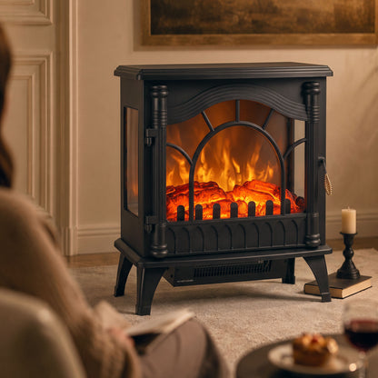 3-Sided Glass Electric Stove Fire | 1000W/2000W Fan Heater, Adjustable Flame Brightness & Thermostat | Freestanding Black | 55 × 31 × 58cm | C Rated