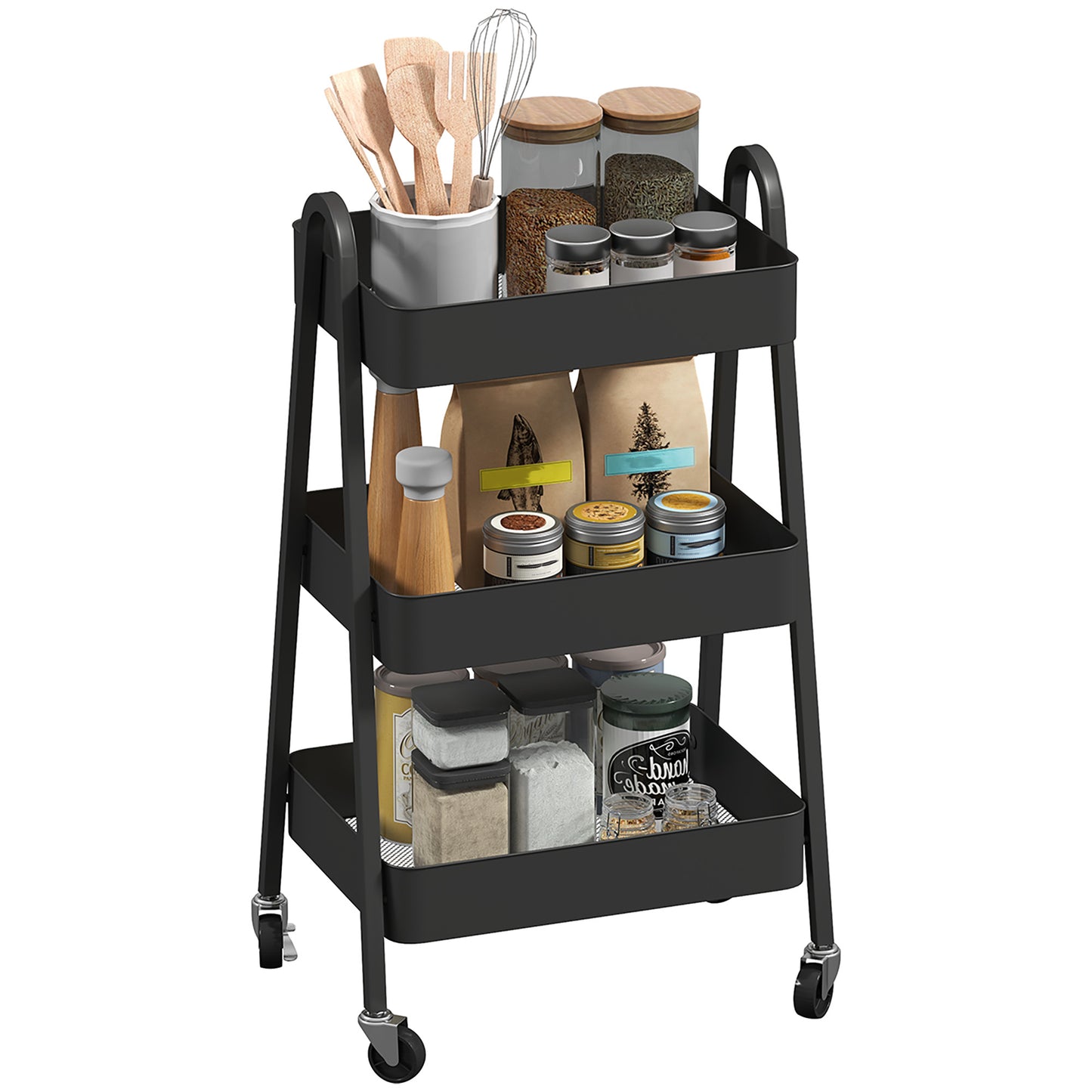 3-Tier Storage Trolley on Wheels - Black