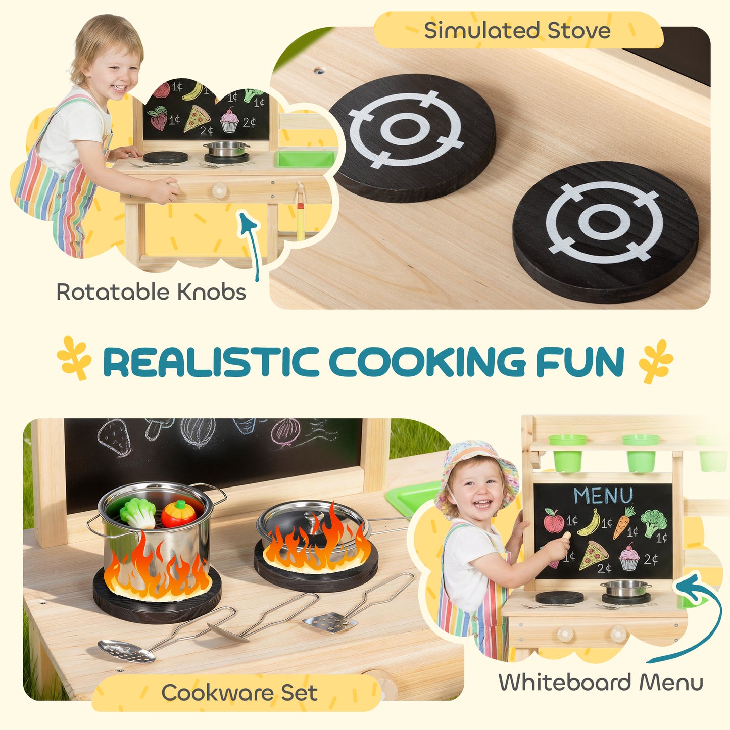 AIYAPLAY Kids Mud Kitchen, Outdoor Wooden Play Kitchen with Kitchenware & Garden Tools, Pretend Play Outdoor Toys, Natural