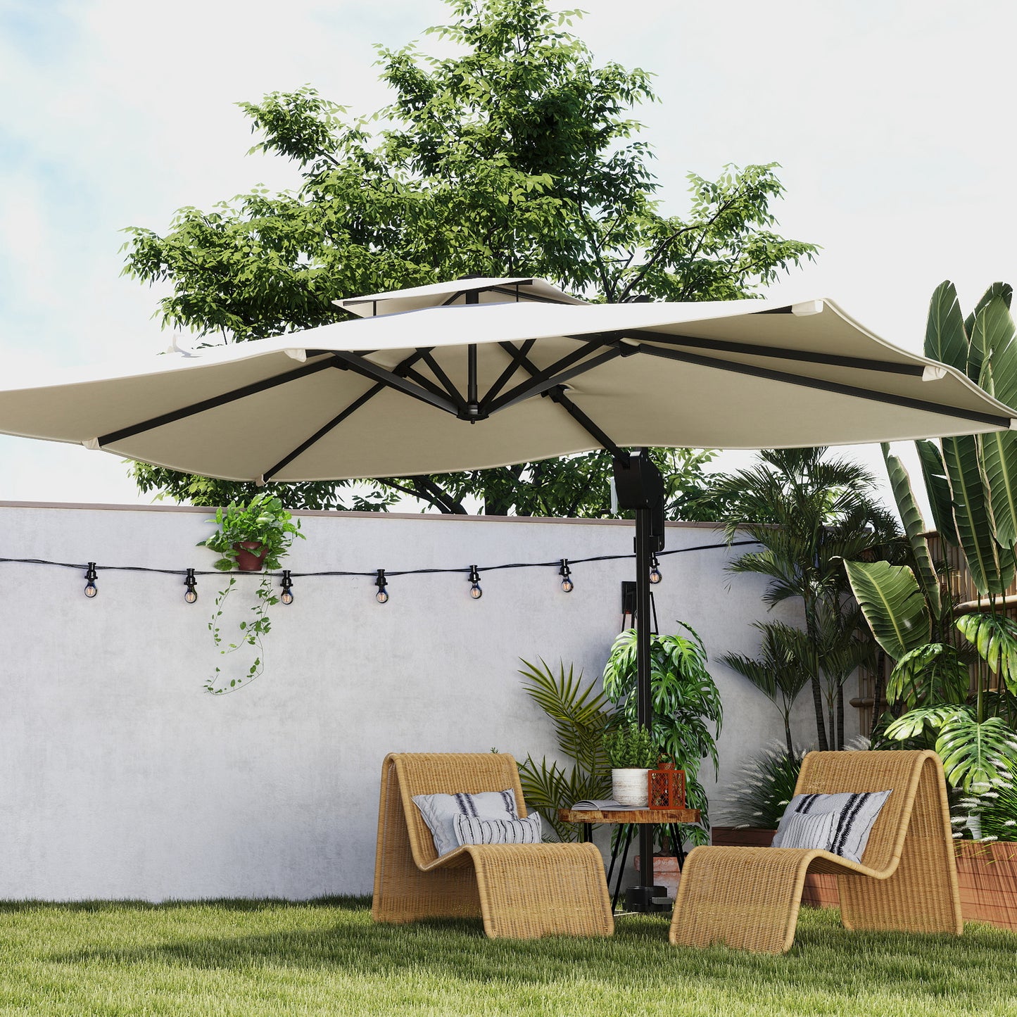 3.7 x 2.7 m Cantilever Parasol w/ 360° Rotation and Easy Tilt Adjustment, Aluminium Hanging Offset Outdoor Umbrella w/ Double Top and Cross Base, UPF50+ Hanging Sun Shade