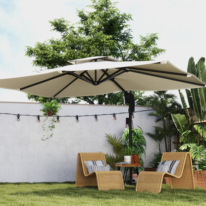 3.7 x 2.7 m Cantilever Parasol w/ 360° Rotation and Easy Tilt Adjustment, Aluminium Hanging Offset Outdoor Umbrella w/ Double Top and Cross Base, UPF50+ Hanging Sun Shade