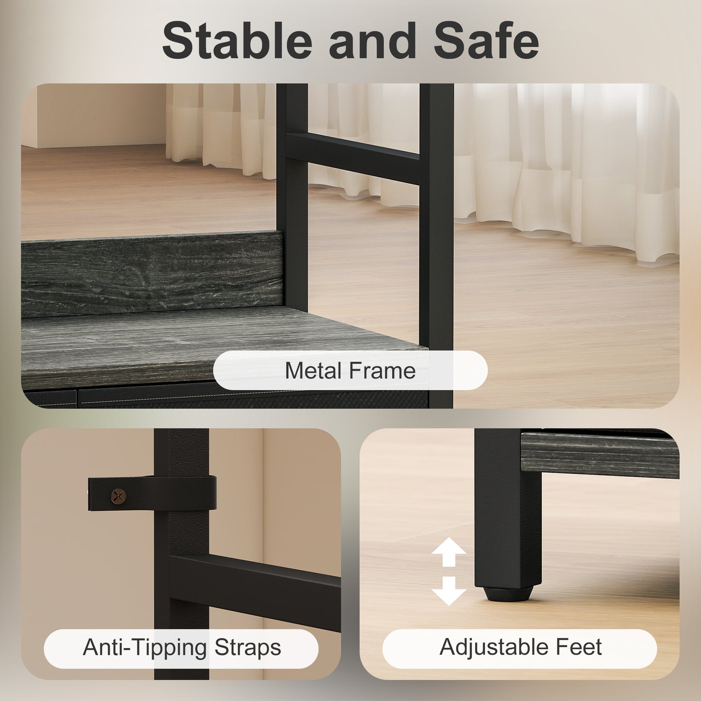 Industrial Bookcase, 6-Tier Tall Bookshelf with 3 Fabric Drawers - Grey