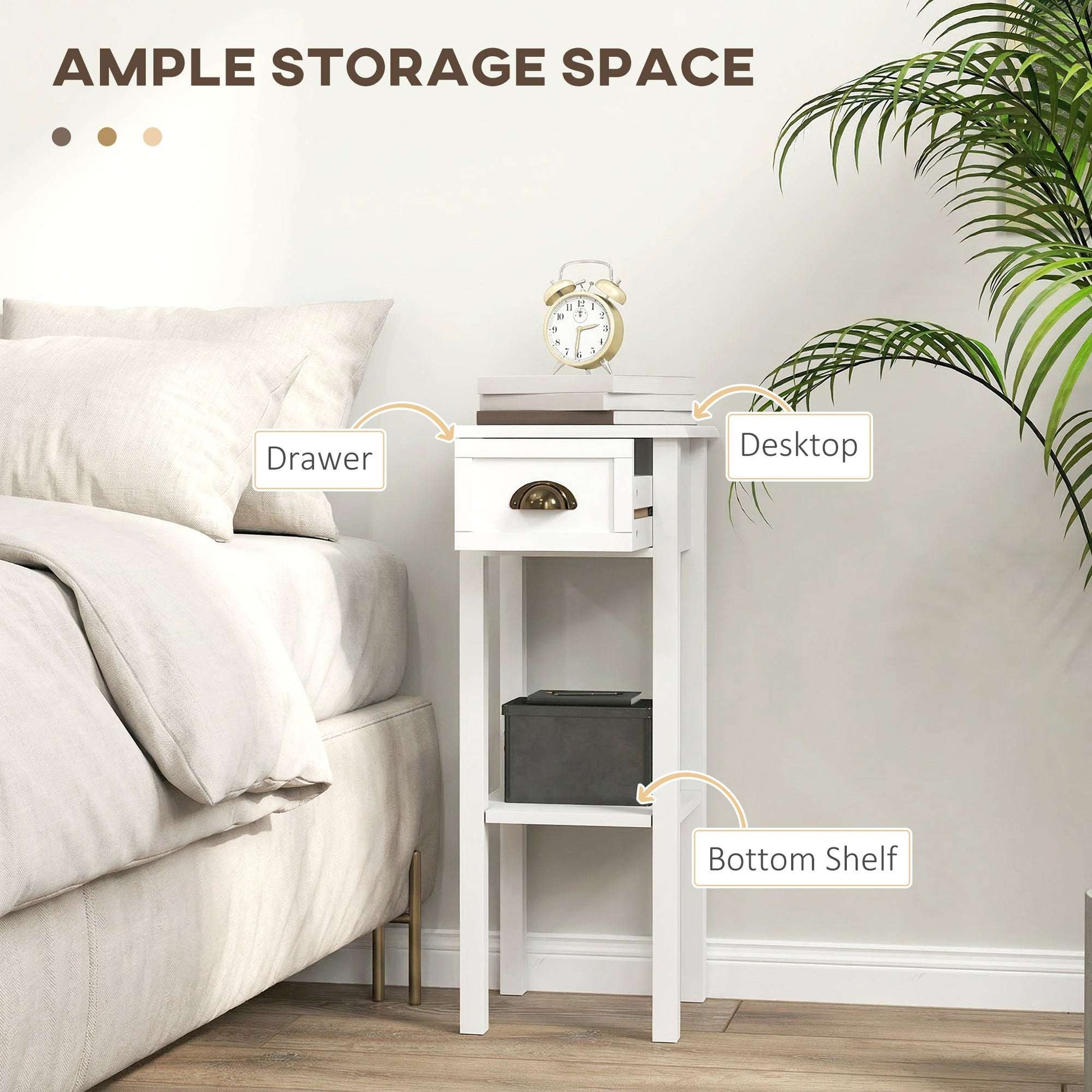 Set of 2 Side Tables | Drawer & Open Shelf | Slim 30x30x75cm | Anti-Tip | Elevated Base | MDF | White