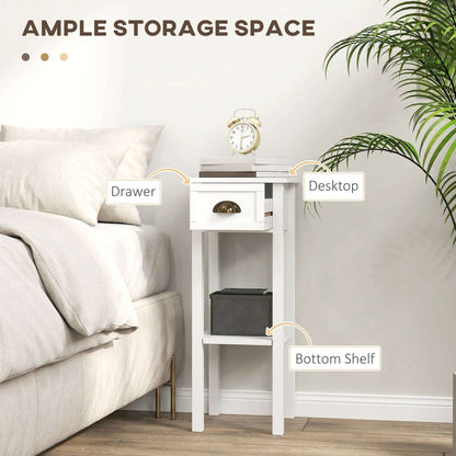 Set of 2 Side Tables | Drawer & Open Shelf | Slim 30x30x75cm | Anti-Tip | Elevated Base | MDF | White