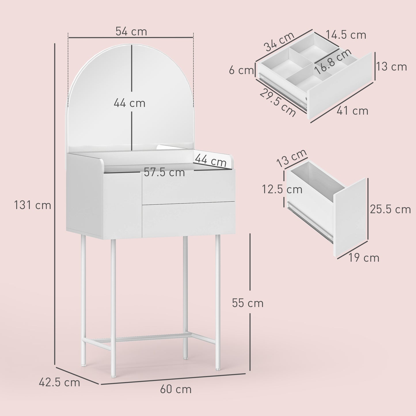 Dressing Table with Arched Mirror and 3 Drawers - White
