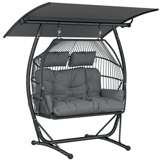 Double Hanging Egg Chair with Canopy | 2-Seater | 10cm Cushion & 2 Headrests | 240kg | Dark Grey