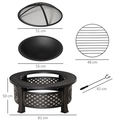 Outsunny Outdoor Fire Pit with Grill Net, Mesh Lid & Poker – Multifunctional BBQ & Bonfire Pit, Built-In Tabletop, Solid Steel, Bronze Tone