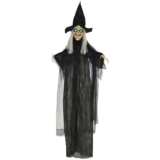 6ft Outdoor Halloween Decoration Witch, Standing Witch Prop Life Size with Sound and Motion Activated, Light Up Eyes, Talking Sound, Posable Arms