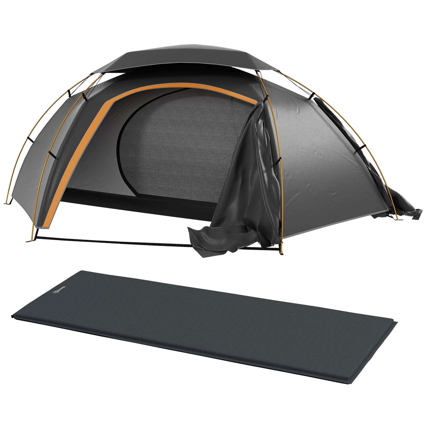 Outsunny Camping Dome Tent W/ Self Inflatable Mattress, 1 Person, Removable Rainfly, 2000mm Waterproof, Portable W/ Bags for Fishing Hiking