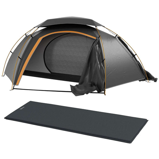 Outsunny Camping Dome Tent W/ Self Inflatable Mattress, 1 Person, Removable Rainfly, 2000mm Waterproof, Portable W/ Bags for Fishing Hiking