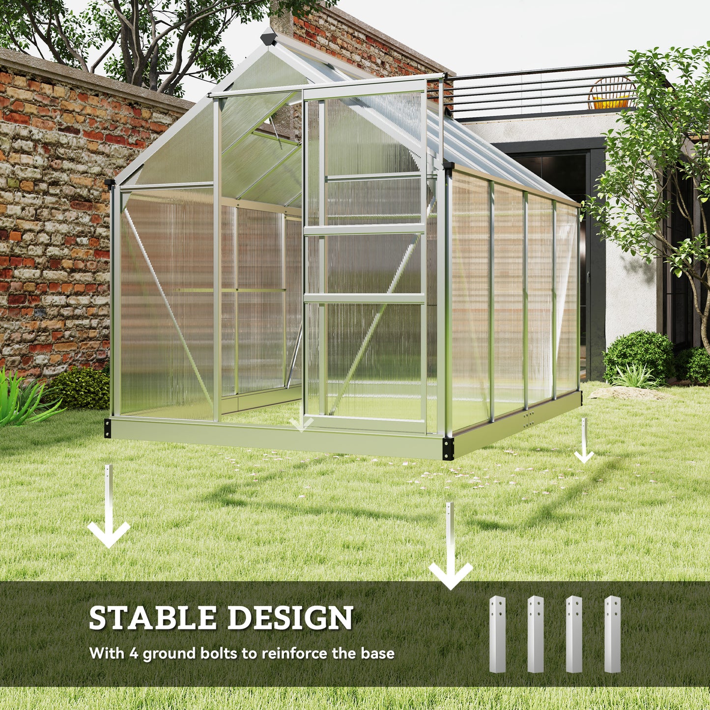 Walk-In Polycarbonate Greenhouse | 6x8ft | Aluminium Frame | Sliding Door | Roof Vent | 40kg/m² Snow Load | Silver