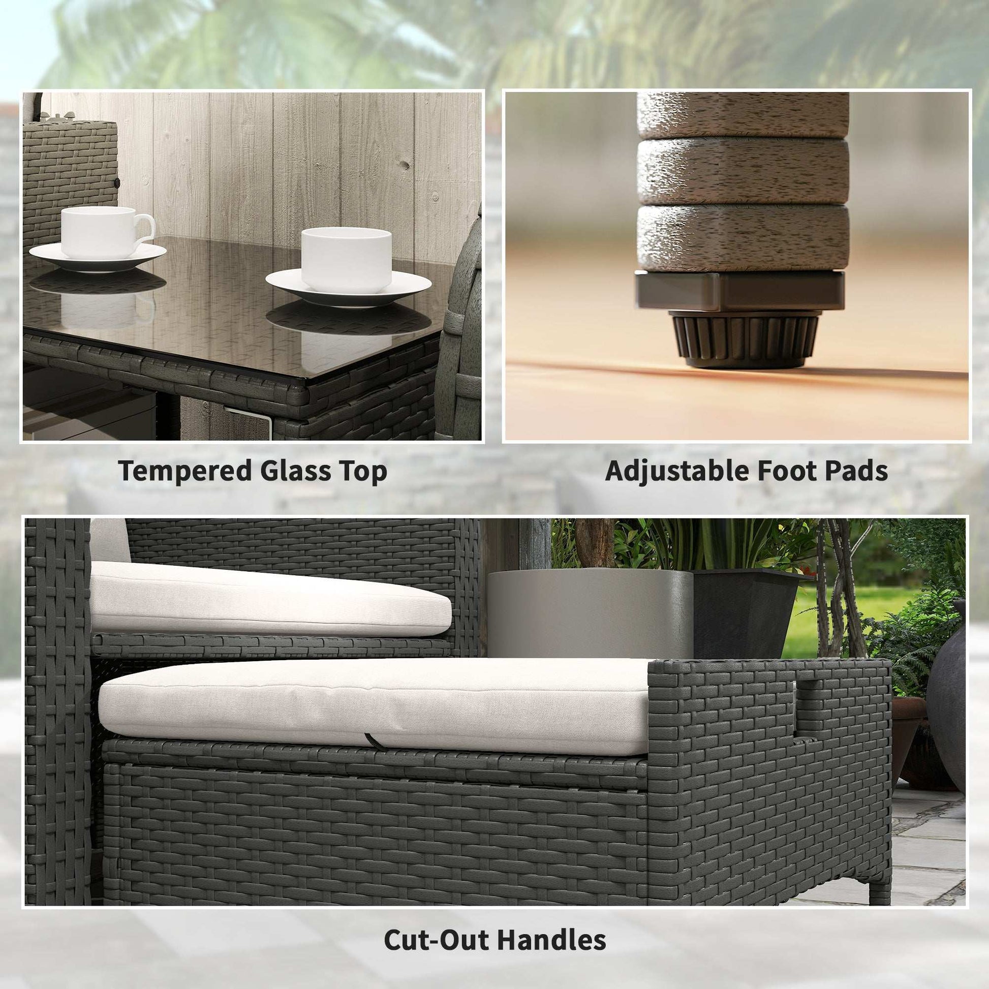 Five Piece Rattan Garden Furniture Set with 2-Tier Coffee Table and Ottomans  - Cream White