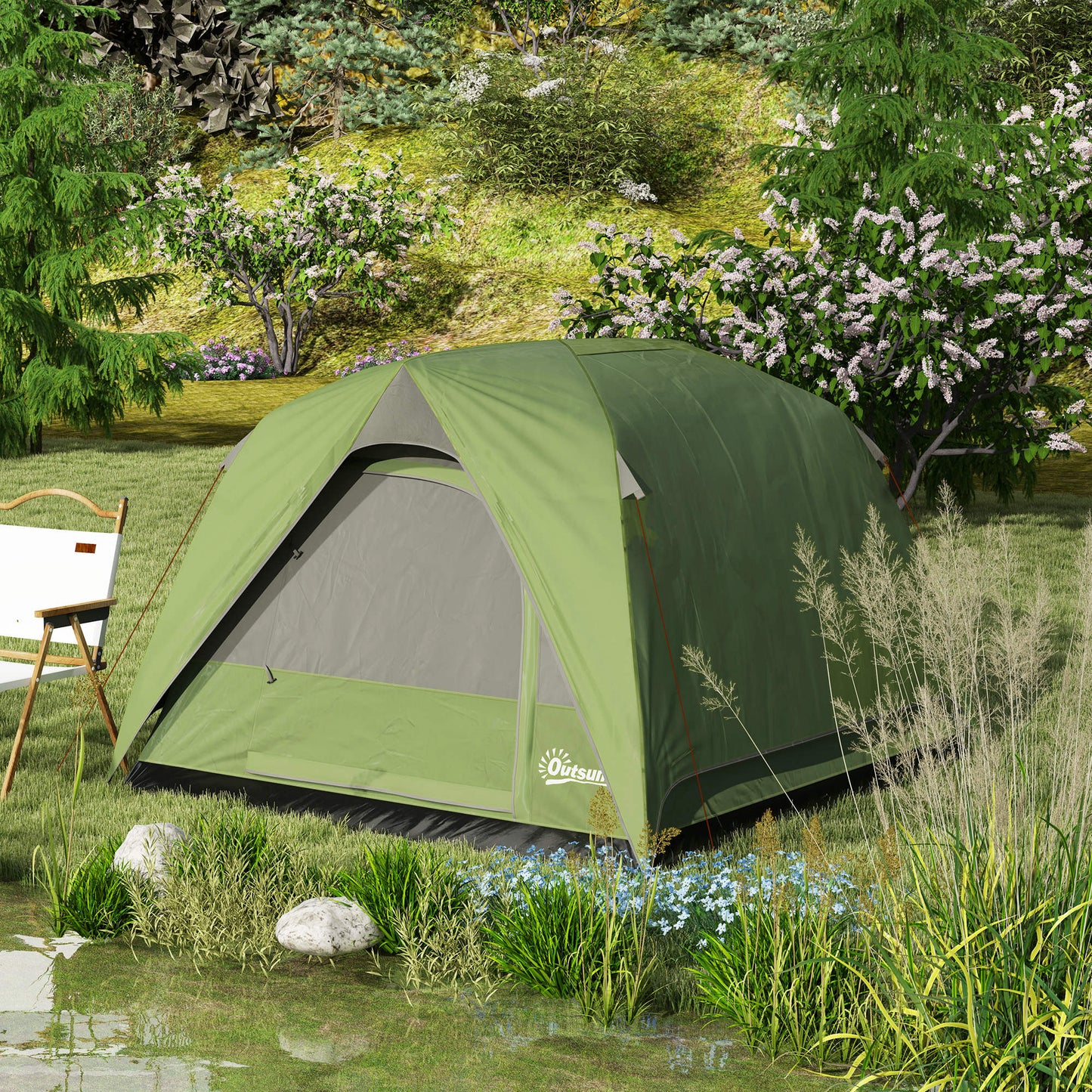 3-4 Person Camping Tent, Easy Set Up Waterproof Dome Tent with Sewn-in Groundsheet, Mesh Windows, Pocket and Hook for Camping, Green & Grey