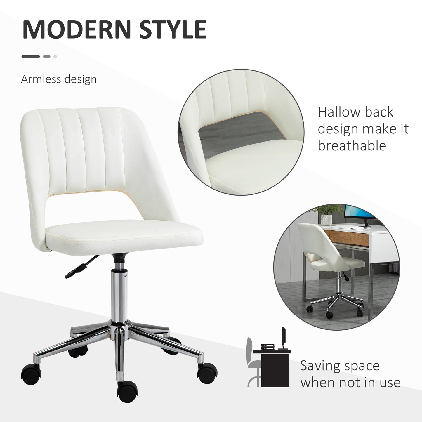Armless Velvet-Feel Office Chair | Sponge Padded Seat & Back | 360° Swivel | 5 Wheels | Height Adjustable 46-58cm | 120kg | Bedroom Home Office Study | Cream White