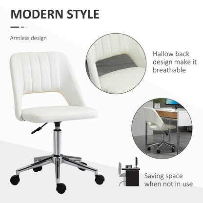 Armless Velvet-Feel Office Chair | Sponge Padded Seat & Back | 360° Swivel | 5 Wheels | Height Adjustable 46-58cm | 120kg | Bedroom Home Office Study | Cream White