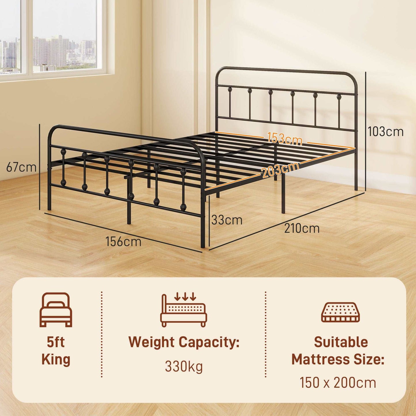 5ft King Platform Bed Frame with Underbed Storage Tall Headboard Steel Slat No Box Spring Needed Easy Assembly
