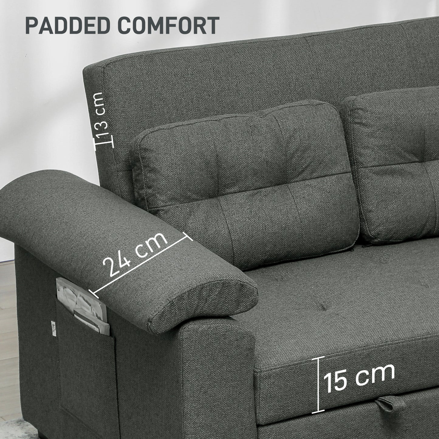 Pull Out Sofa Bed, Fabric 2 Seater Sofa Bed Settee, Convertible Sofa with 2 Pillows and Side Pockets for Living Room, Home Office, Charcoal Grey