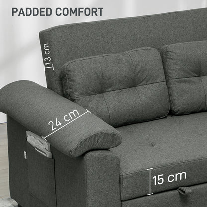 Pull Out Sofa Bed, Fabric 2 Seater Sofa Bed Settee, Convertible Sofa with 2 Pillows and Side Pockets for Living Room, Home Office, Charcoal Grey