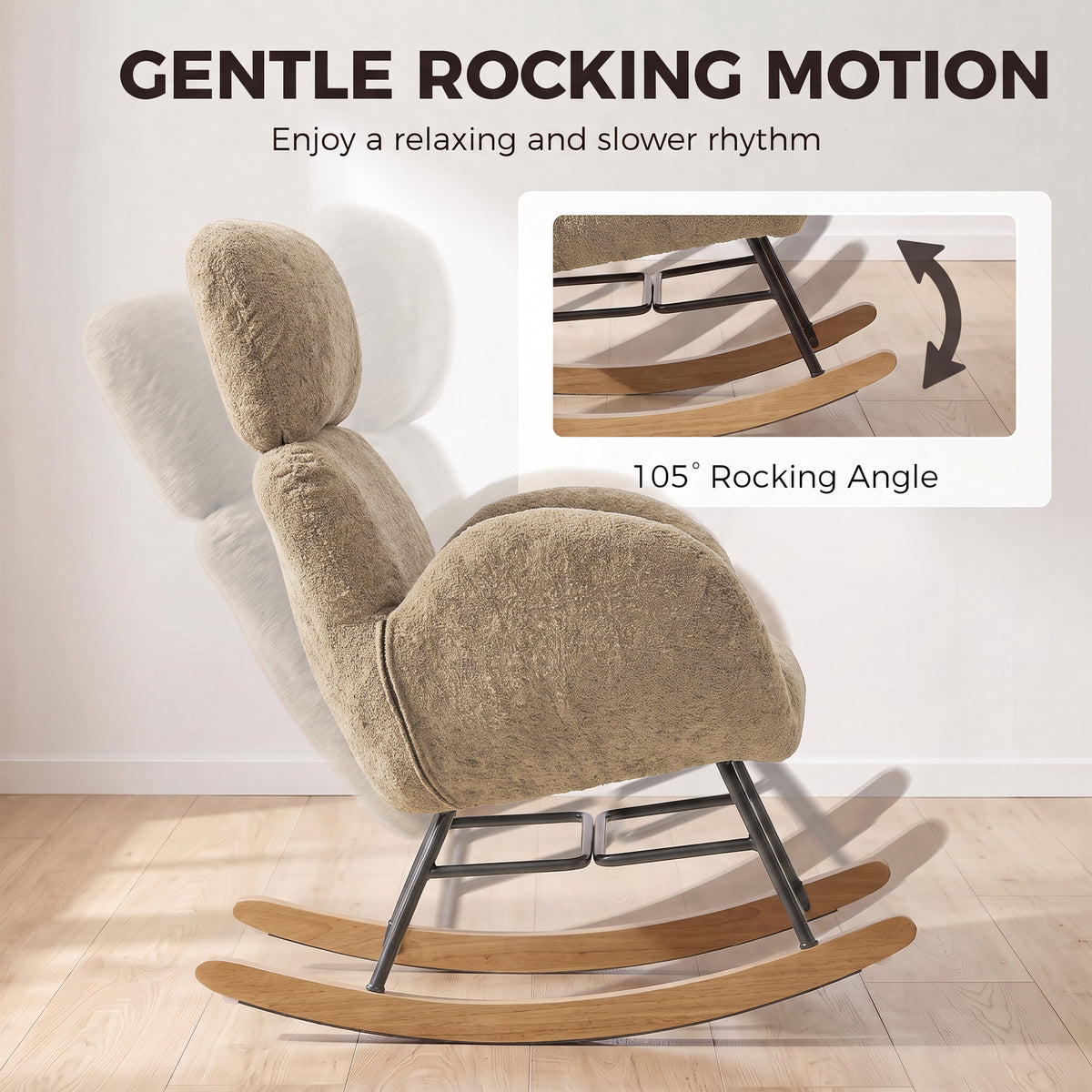 Upholstered Rocking Chair with 8cm Adjustable Headrest | 105° Rocking Motion | Raindrop Velvet High-Density Foam | Steel Plywood Frame Rubberwood Legs | 120kg Capacity | BS5852 | Light Brown | 71x90x100cm | Assembly Required