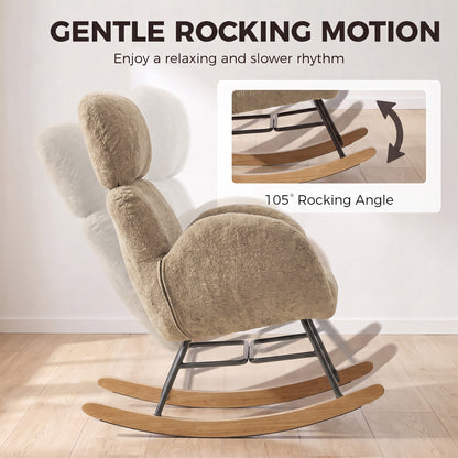 Upholstered Rocking Chair with 8cm Adjustable Headrest | 105° Rocking Motion | Raindrop Velvet High-Density Foam | Steel Plywood Frame Rubberwood Legs | 120kg Capacity | BS5852 | Light Brown | 71x90x100cm | Assembly Required