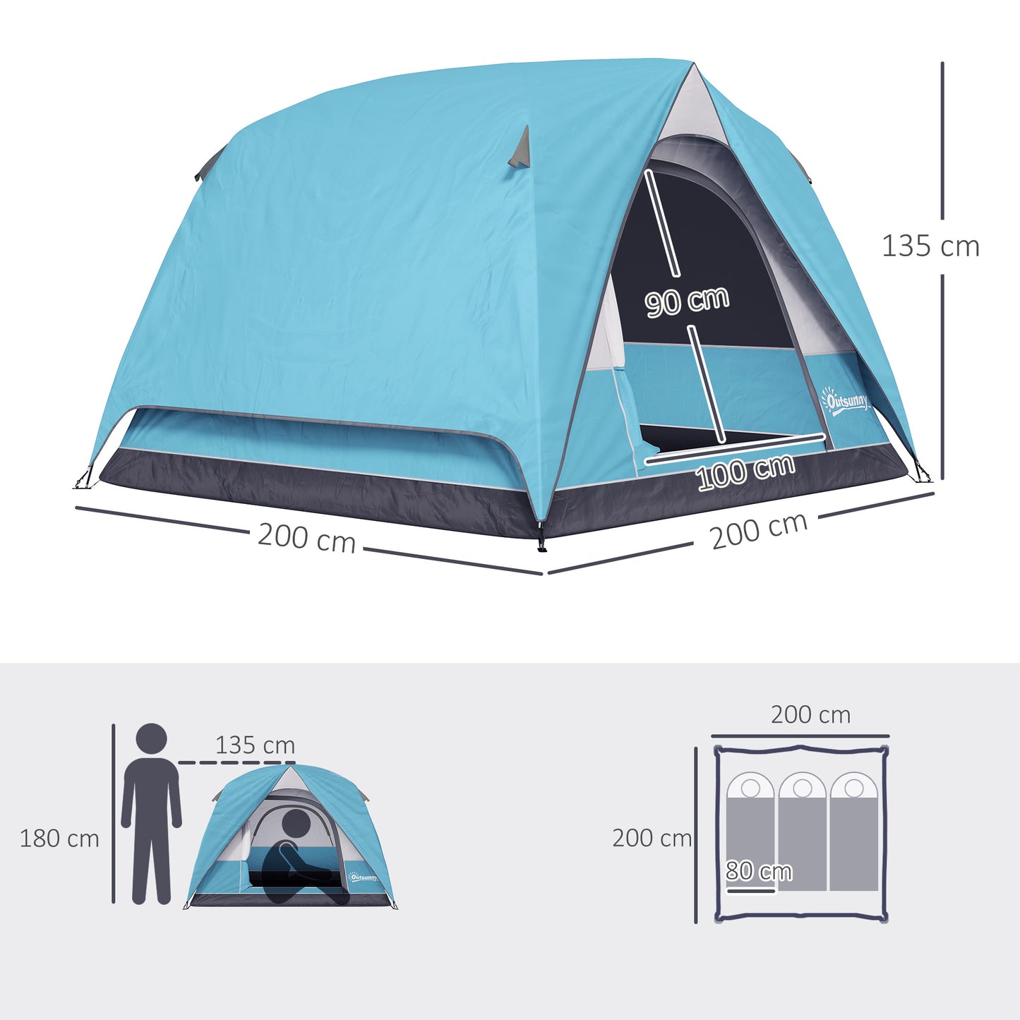 3-4 Person Camping Tent, Easy Set Up Waterproof Dome Tent with Sewn-in Groundsheet, Mesh Windows, Pocket and Hook for Camping, Light Blue
