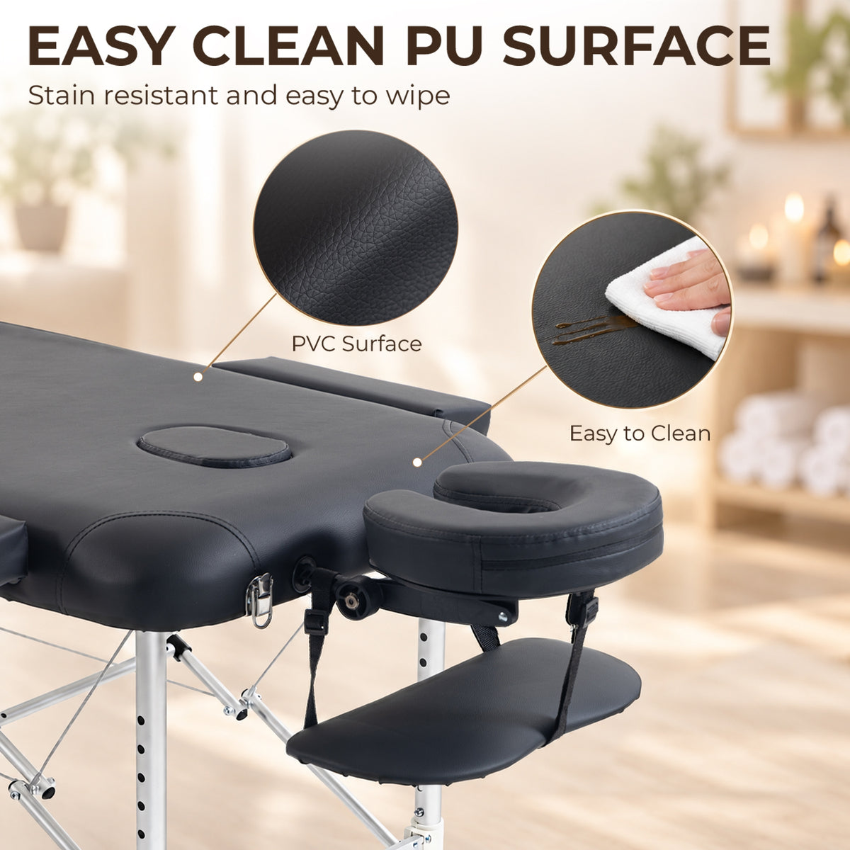 Portable Massage Table | 3-Section Folding Aluminium Beauty Couch | 9 Height Settings, Adjustable Backrest & Headrest | Black